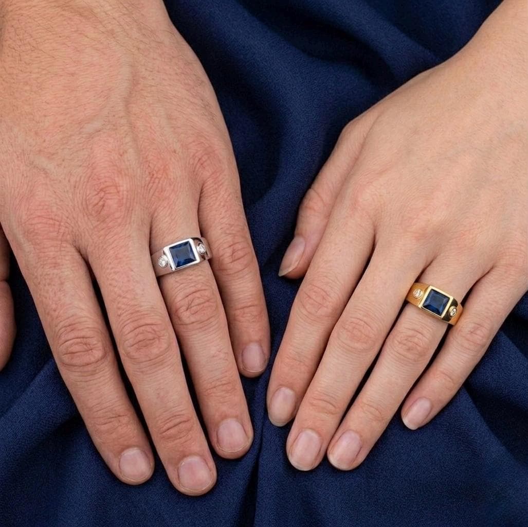 Sterling Silver Square Cut Blue Sapphire Signet Ring, Minimalist Moissanite Band