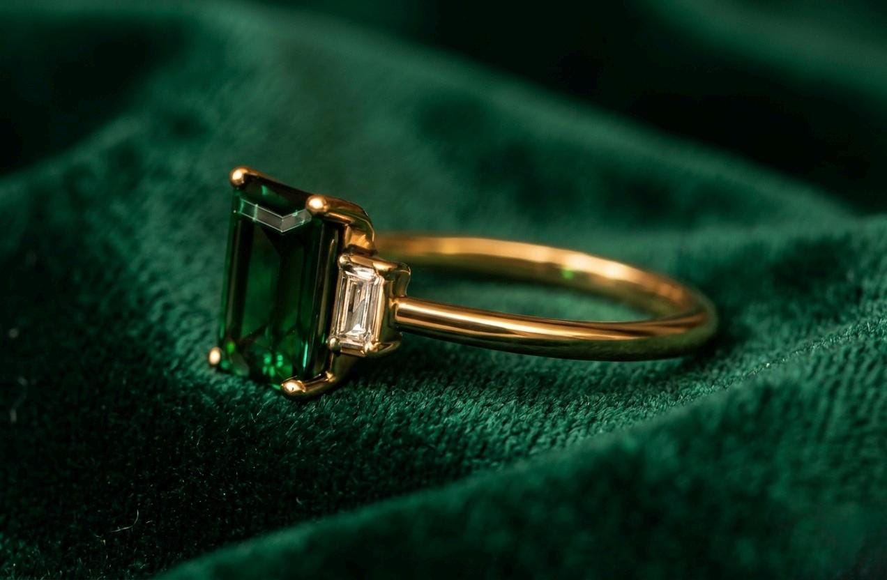 Emerald Cut Three Stone Ring, Yellow Gold Baguette Accents, Minimalist Statement Jewelry