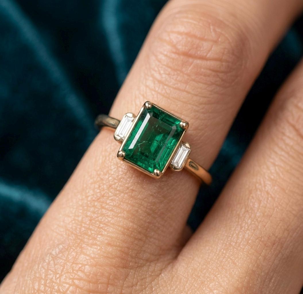 Emerald Cut Three Stone Ring, Yellow Gold Baguette Accents, Minimalist Statement Jewelry