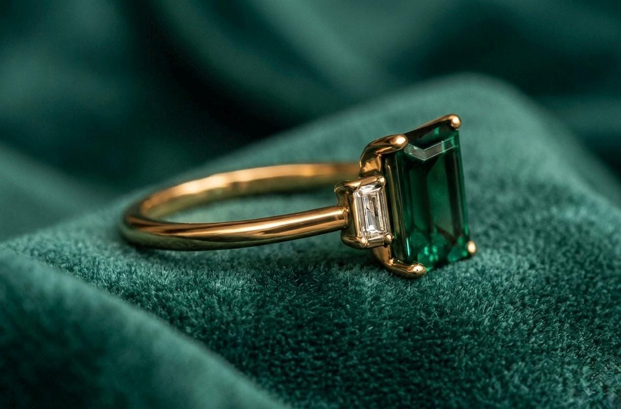 Emerald Cut Three Stone Ring, Yellow Gold Baguette Accents, Minimalist Statement Jewelry