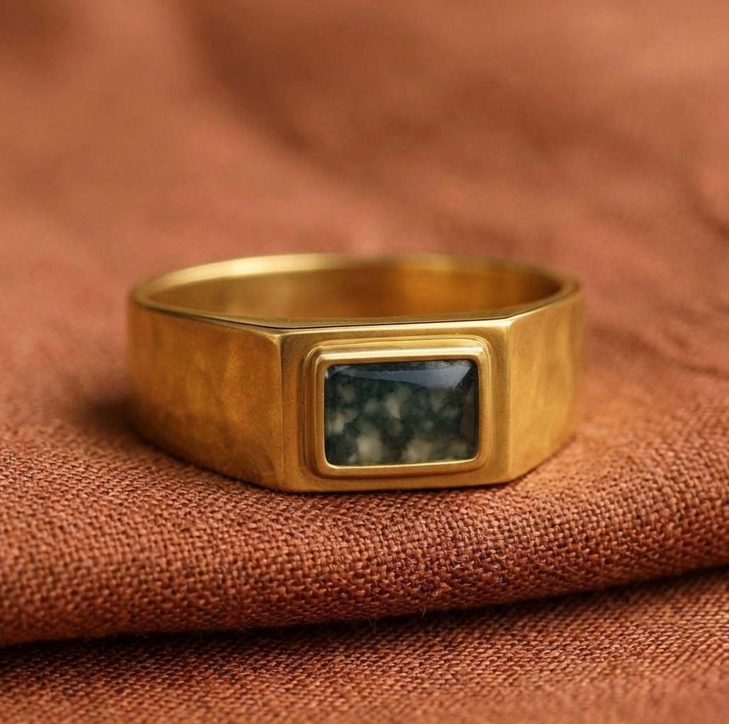 Men's Green Moss Agate Signet Ring, Rectangle Bezel Set Gold Band