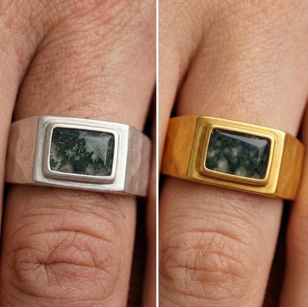 Men's Green Moss Agate Signet Ring, Rectangle Bezel Set Gold Band