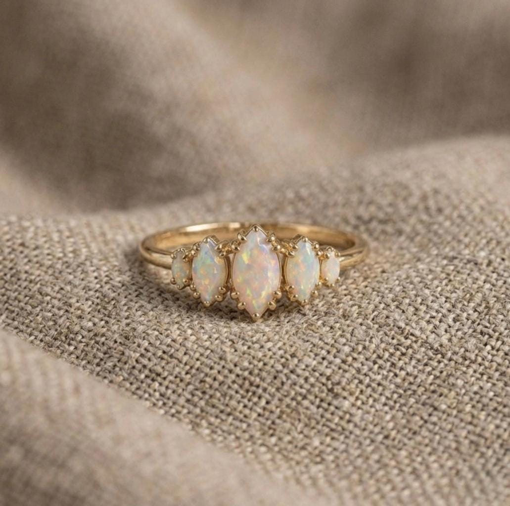 Marquise Opal Ring, Gold Plated, Vintage Inspired, Dainty Band, October Birthstone