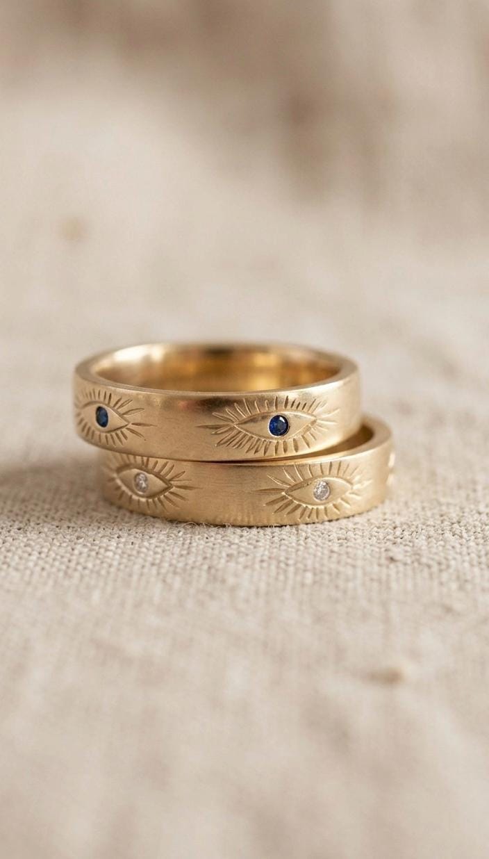 Gold Plated Evil Eye Sunburst Ring, Sterling Silver Blue Sapphire Celestial Band