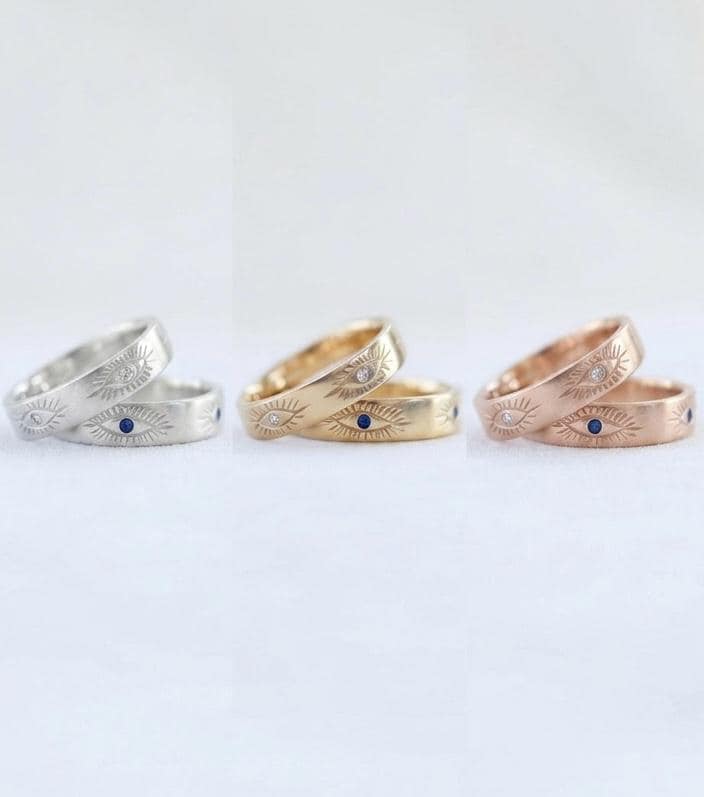 Gold Plated Evil Eye Sunburst Ring, Sterling Silver Blue Sapphire Celestial Band
