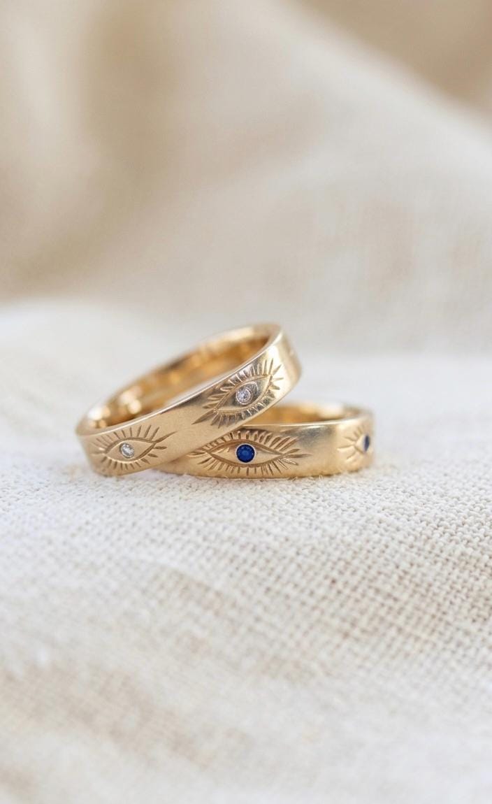 Gold Plated Evil Eye Sunburst Ring, Sterling Silver Blue Sapphire Celestial Band