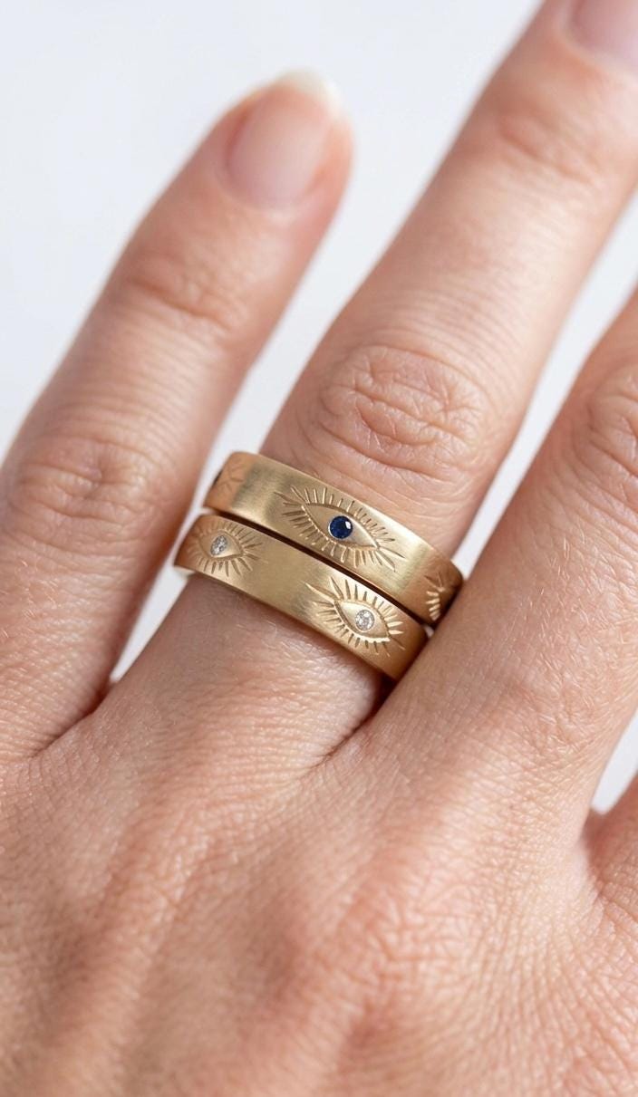 Gold Plated Evil Eye Sunburst Ring, Sterling Silver Blue Sapphire Celestial Band