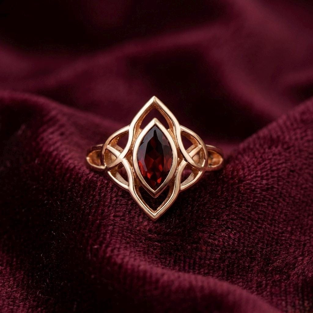 Marquise Garnet Celtic Knot Ring, Rose Gold Gothic Engagement Ring, Vintage Elven Jewelry