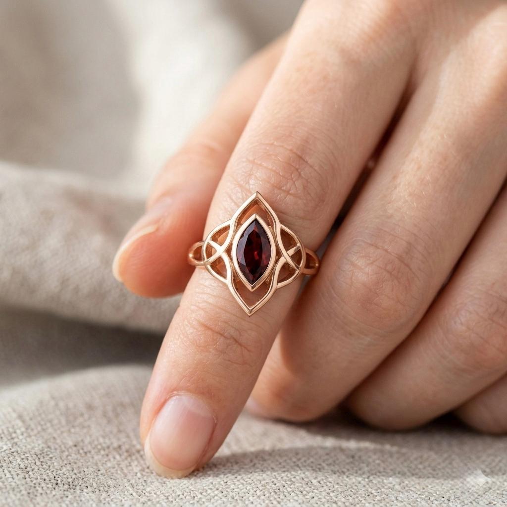 Marquise Garnet Celtic Knot Ring, Rose Gold Gothic Engagement Ring, Vintage Elven Jewelry