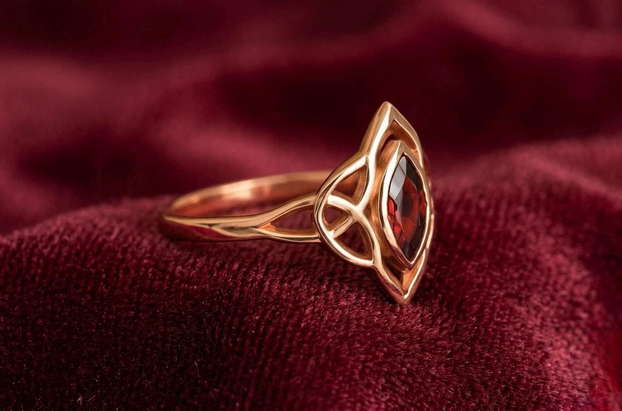 Marquise Garnet Celtic Knot Ring, Rose Gold Gothic Engagement Ring, Vintage Elven Jewelry