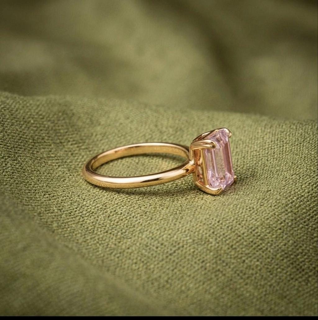Emerald Cut Pink Sapphire Solitaire Ring, 14K Yellow Gold, Minimalist Pastel Statement