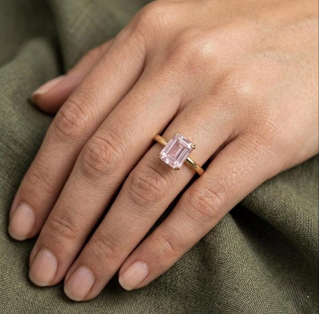 Emerald Cut Pink Sapphire Solitaire Ring, 14K Yellow Gold, Minimalist Pastel Statement