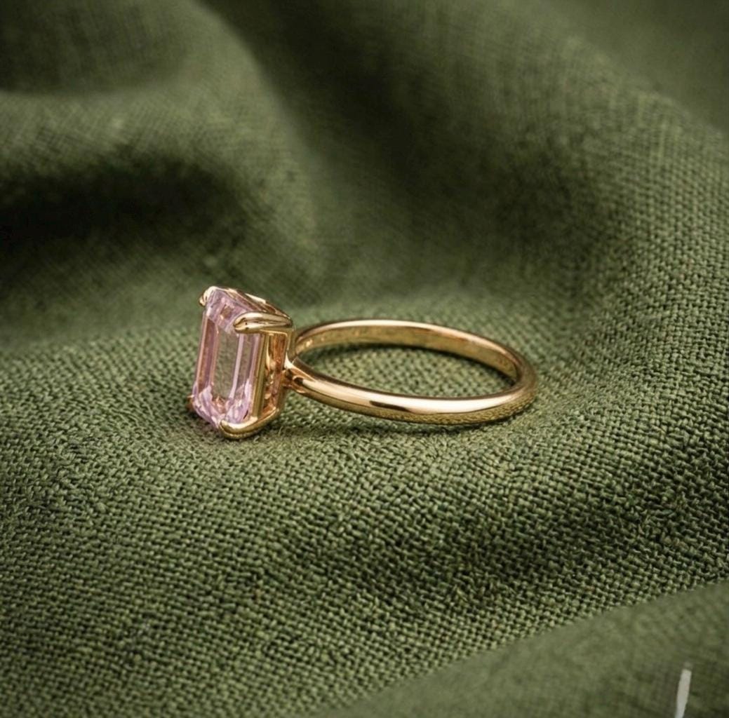 Emerald Cut Pink Sapphire Solitaire Ring, 14K Yellow Gold, Minimalist Pastel Statement