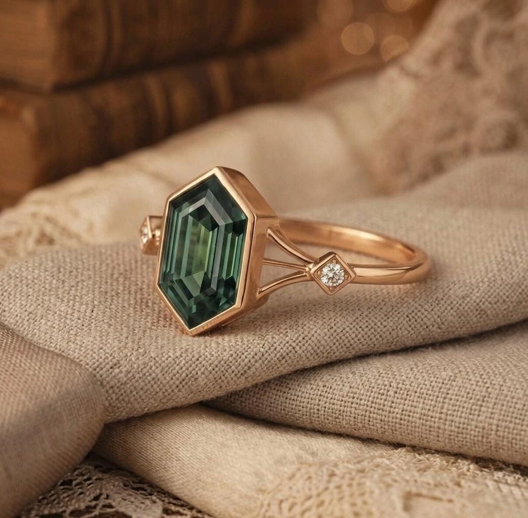 Hexagon Cut Emerald Ring, Sterling Silver, Boho Geometric Anniversary Gift