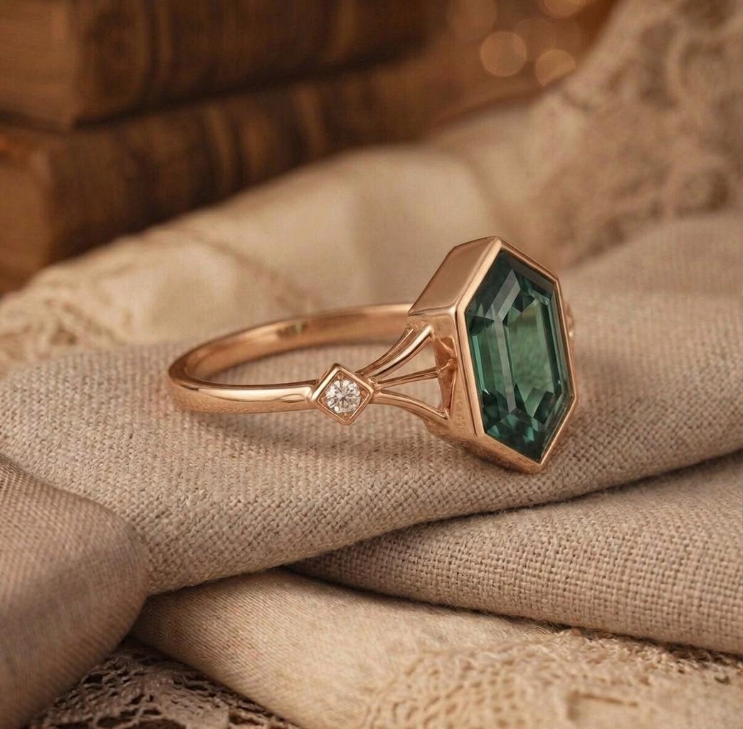 Hexagon Cut Emerald Ring, Sterling Silver, Boho Geometric Anniversary Gift