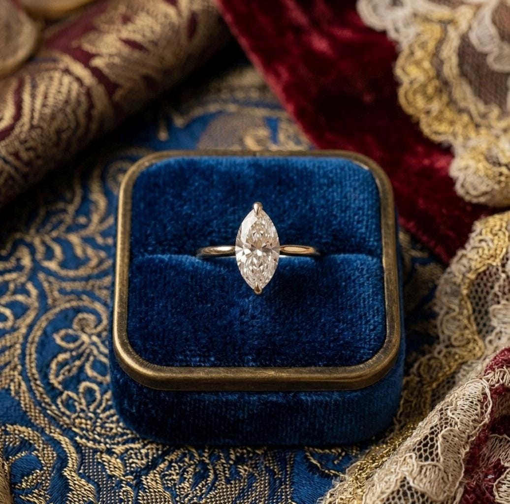 Marquise Moissanite Solitaire Ring, 14K Gold V-Prong Wedding Band