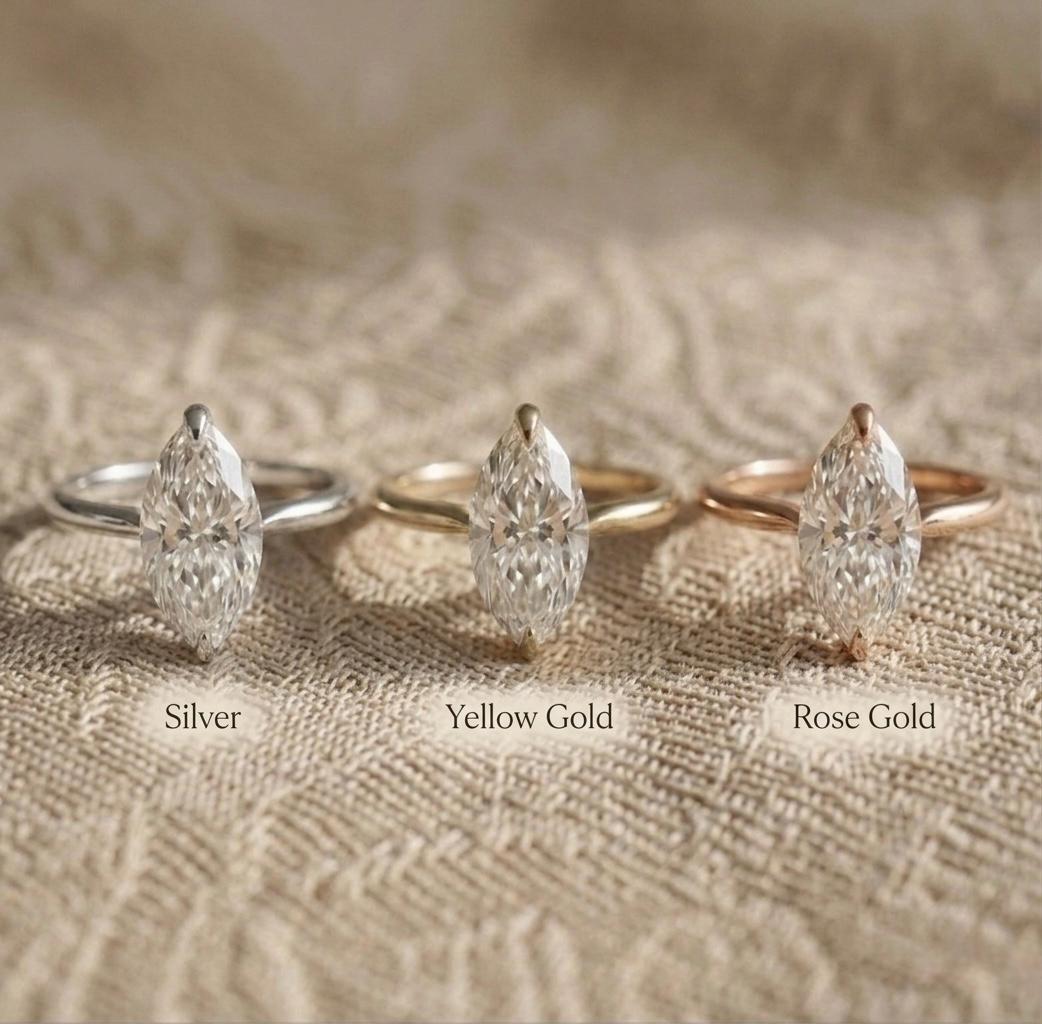 Marquise Moissanite Solitaire Ring, 14K Gold V-Prong Wedding Band