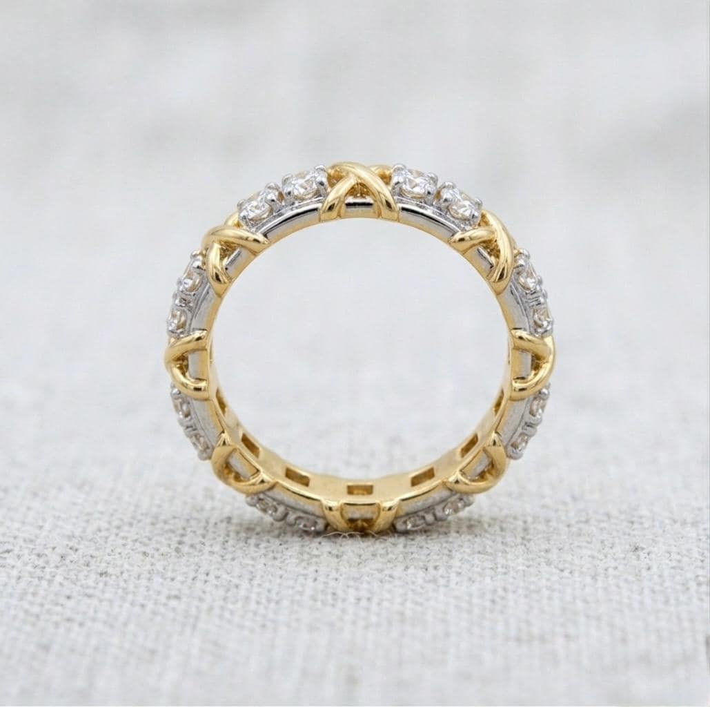 Two-Tone Moissanite Eternity Band Ring, Sterling Silver Gold Cross Stitch Motif