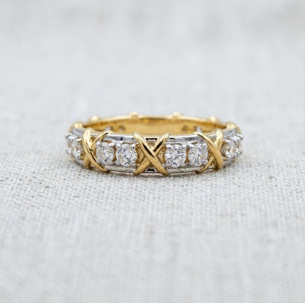 Two-Tone Moissanite Eternity Band Ring, Sterling Silver Gold Cross Stitch Motif
