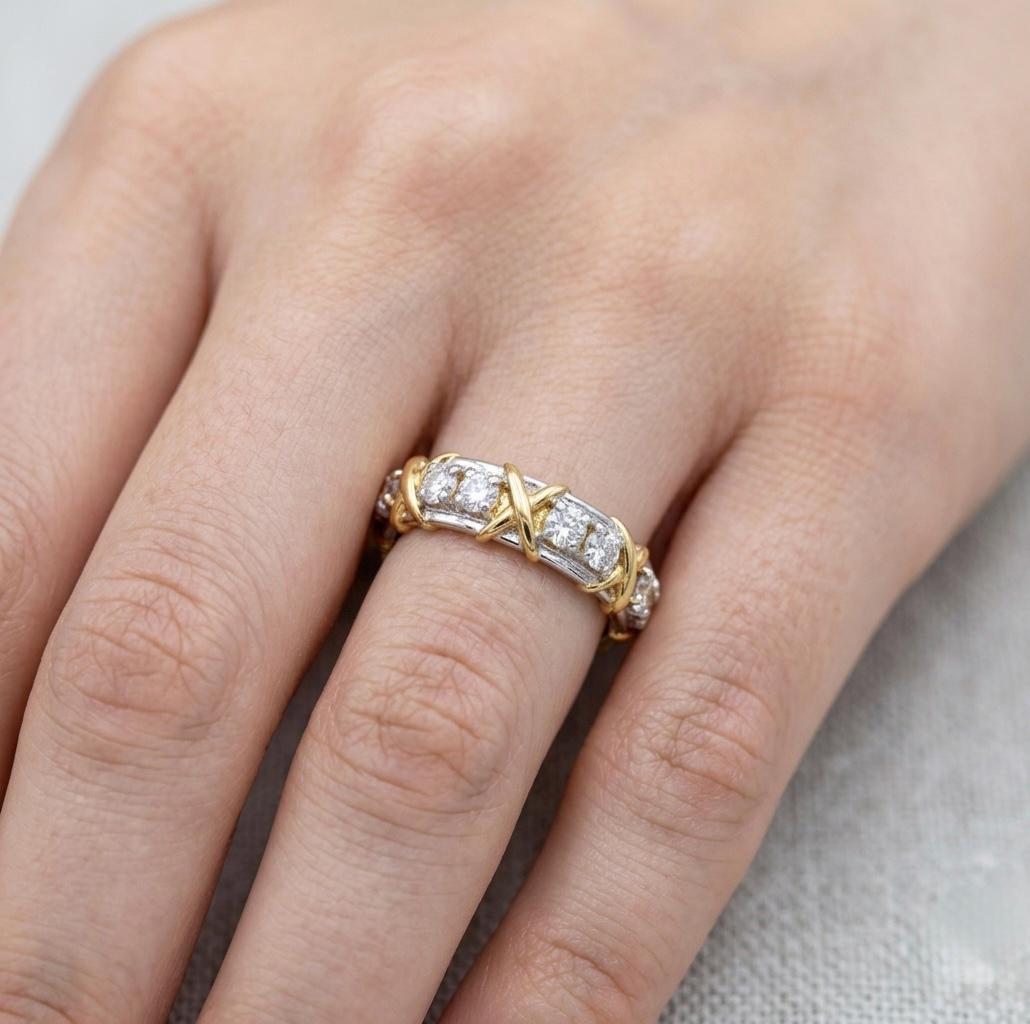 Two-Tone Moissanite Eternity Band Ring, Sterling Silver Gold Cross Stitch Motif