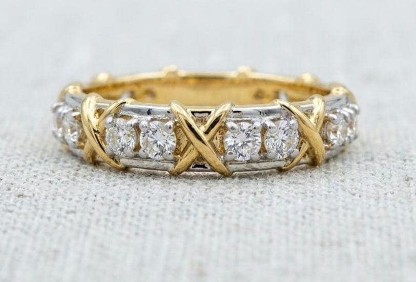 Two-Tone Moissanite Eternity Band Ring, Sterling Silver Gold Cross Stitch Motif