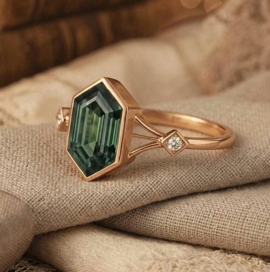 Hexagon Cut Emerald Ring, Sterling Silver, Boho Geometric Anniversary Gift