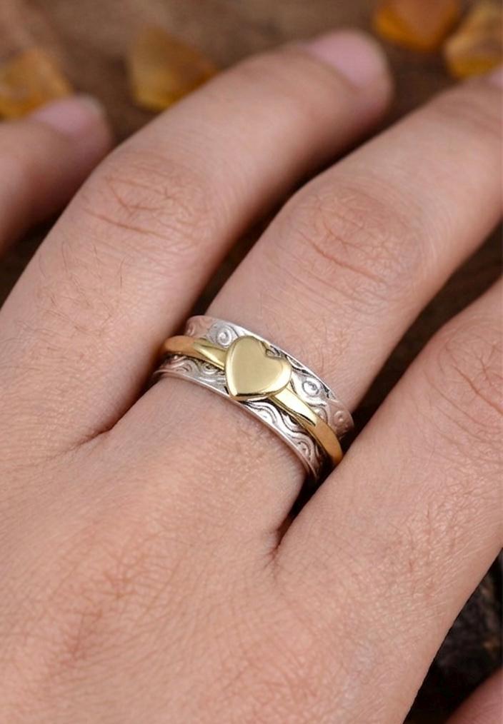 Sterling Silver Heart Spinner Ring, Two Tone Anxiety Fidget Band, Hammered Boho Style