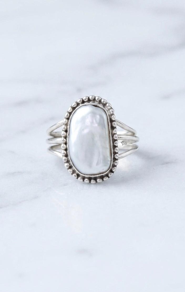 Handmade Oval Baroque Pearl Ring, 925 Sterling Silver, Boho Statement Jewelry