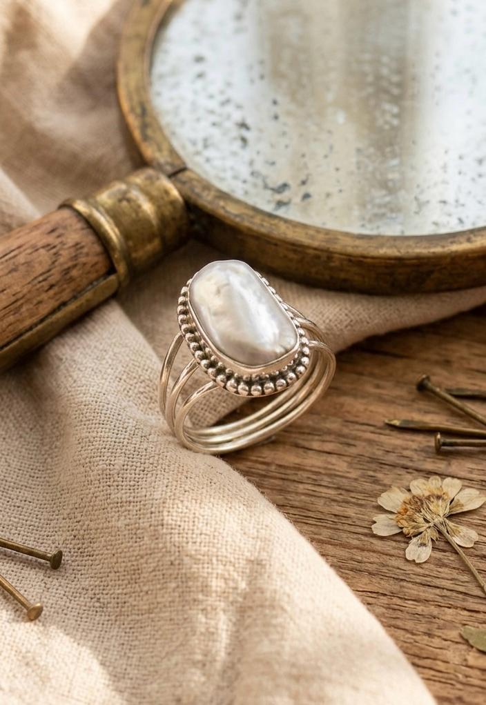 Handmade Oval Baroque Pearl Ring, 925 Sterling Silver, Boho Statement Jewelry