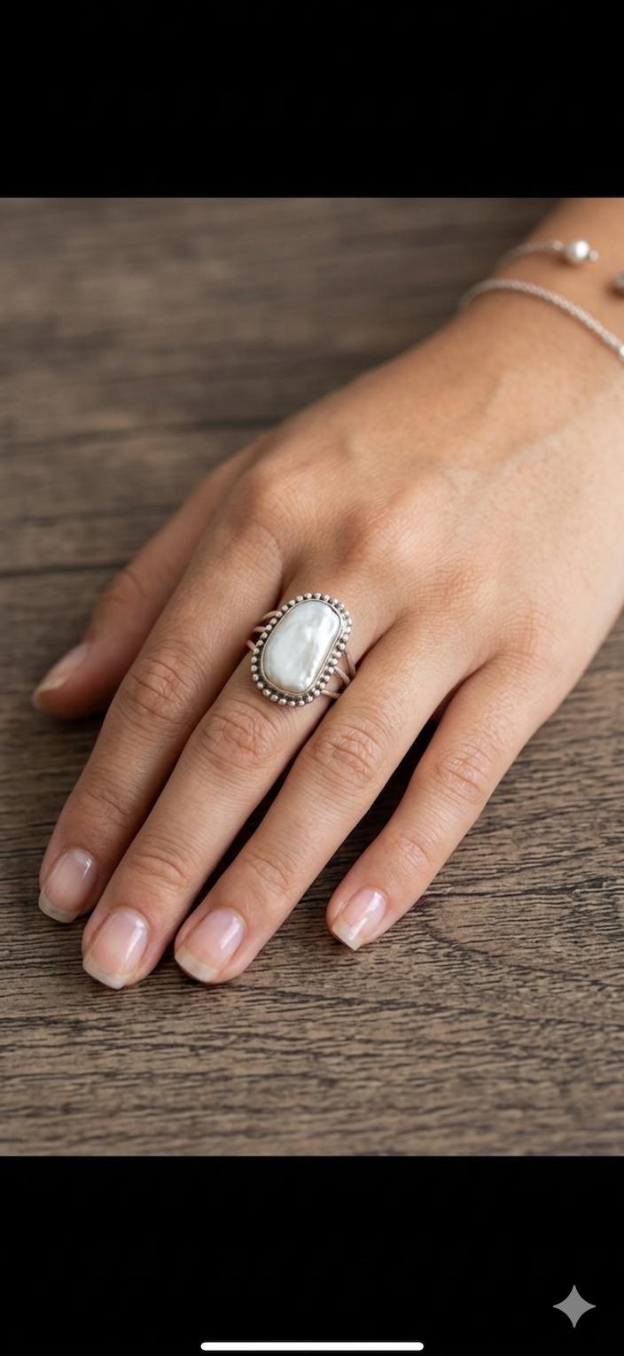 Handmade Oval Baroque Pearl Ring, 925 Sterling Silver, Boho Statement Jewelry