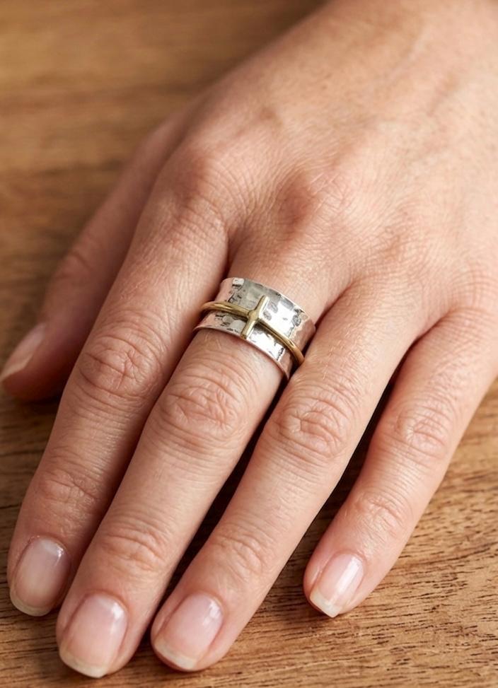 Hammered Sterling Silver Cross Ring, Wide Band Statement, Minimalist Religious Jewelry