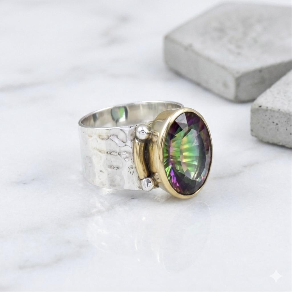 Handmade Mystic Topaz Statement Ring, 925 Sterling Silver, Gold Bezel, Wide Band Artisan Jewelry