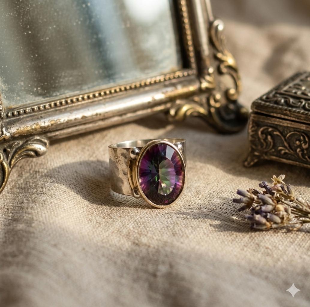 Handmade Mystic Topaz Statement Ring, 925 Sterling Silver, Gold Bezel, Wide Band Artisan Jewelry