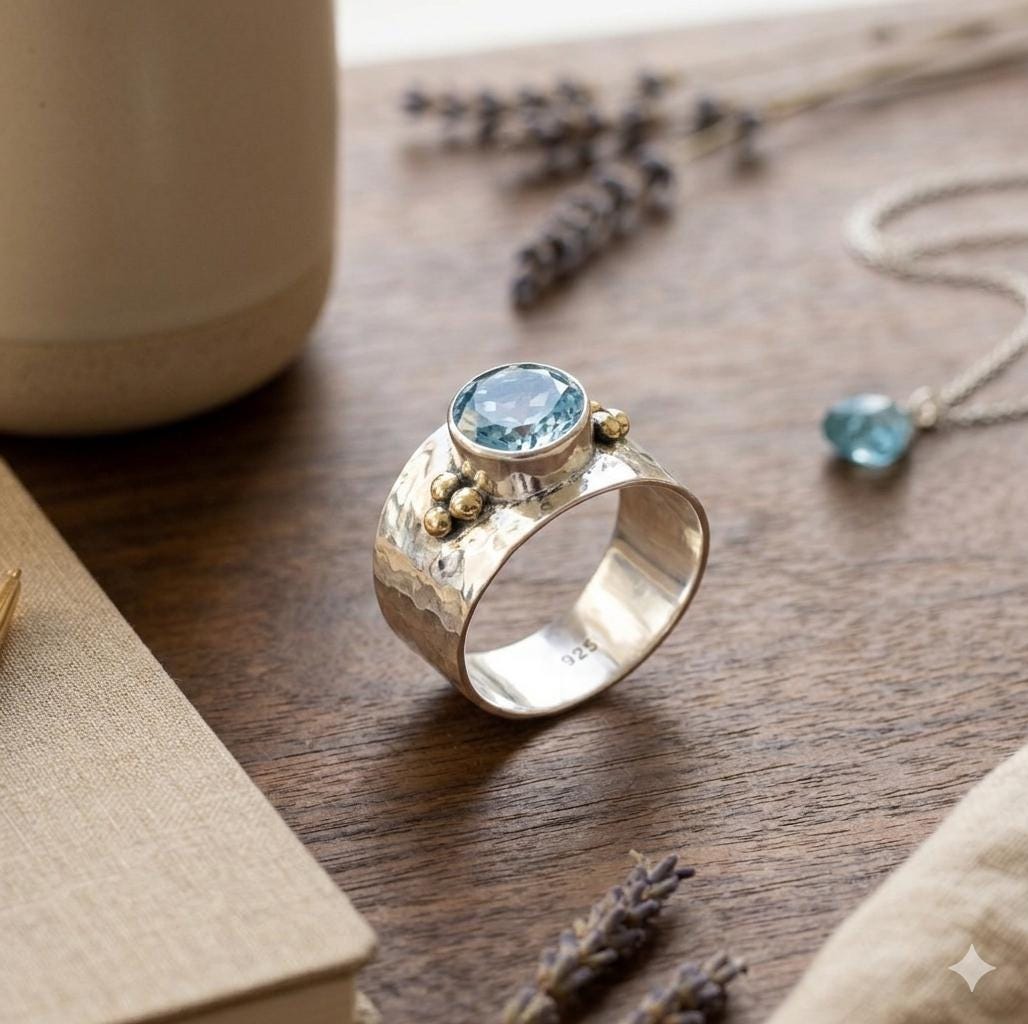 Hammered Sterling Silver Blue Topaz Ring, Gold Accents, Wide Band Statement Jewelry
