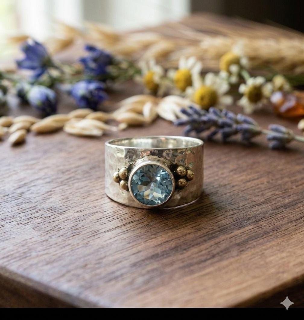 Hammered Sterling Silver Blue Topaz Ring, Gold Accents, Wide Band Statement Jewelry
