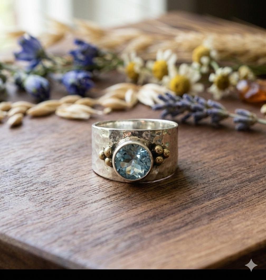 Hammered Sterling Silver Blue Topaz Ring, Gold Accents, Wide Band Statement Jewelry