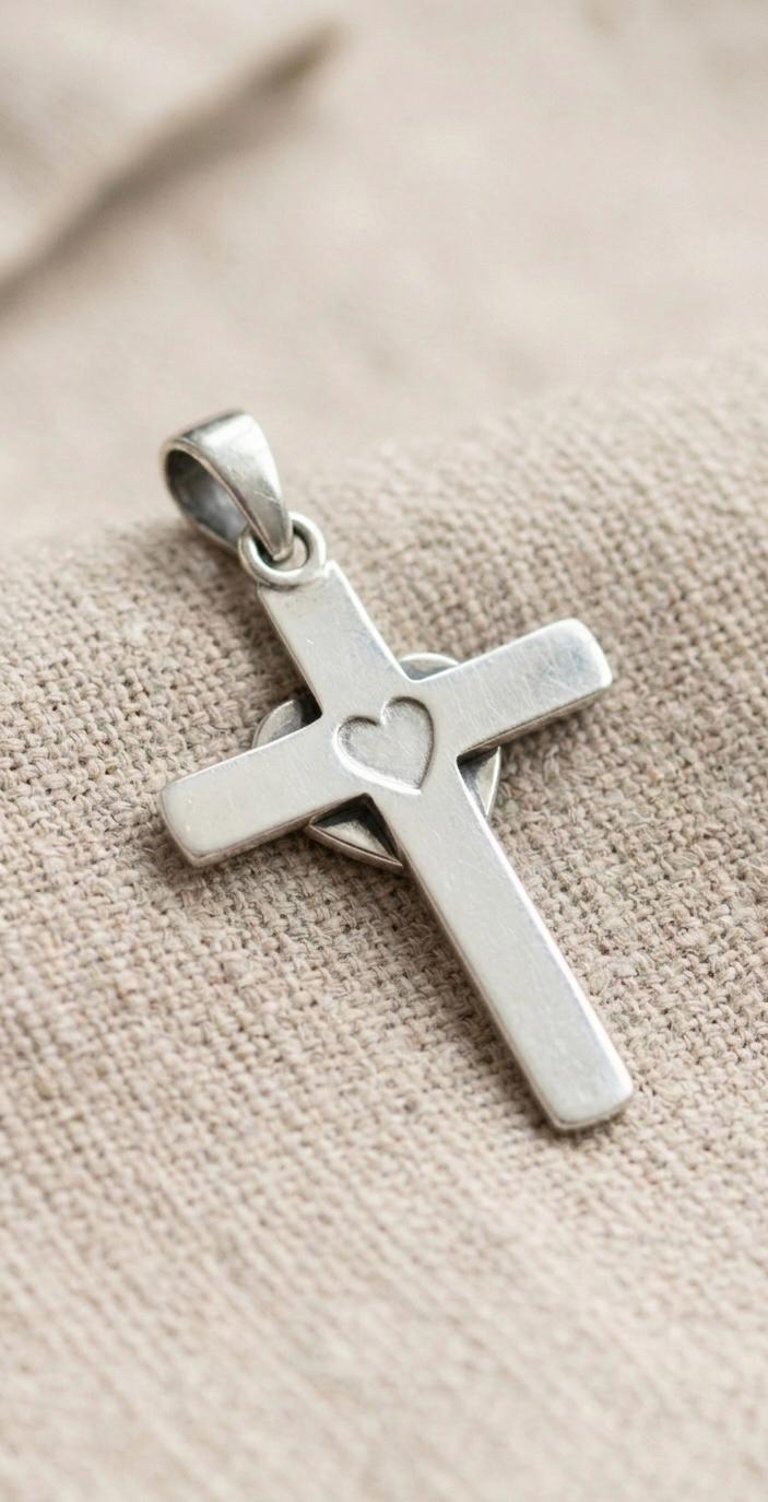 Sterling Silver Cross Heart Pendant, Minimalist Hammered Religious Necklace Charm