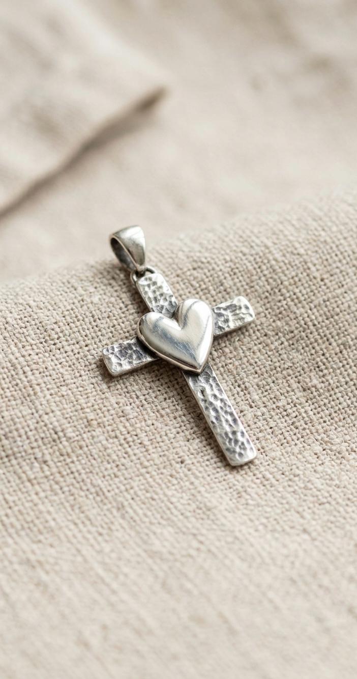 Sterling Silver Cross Heart Pendant, Minimalist Hammered Religious Necklace Charm