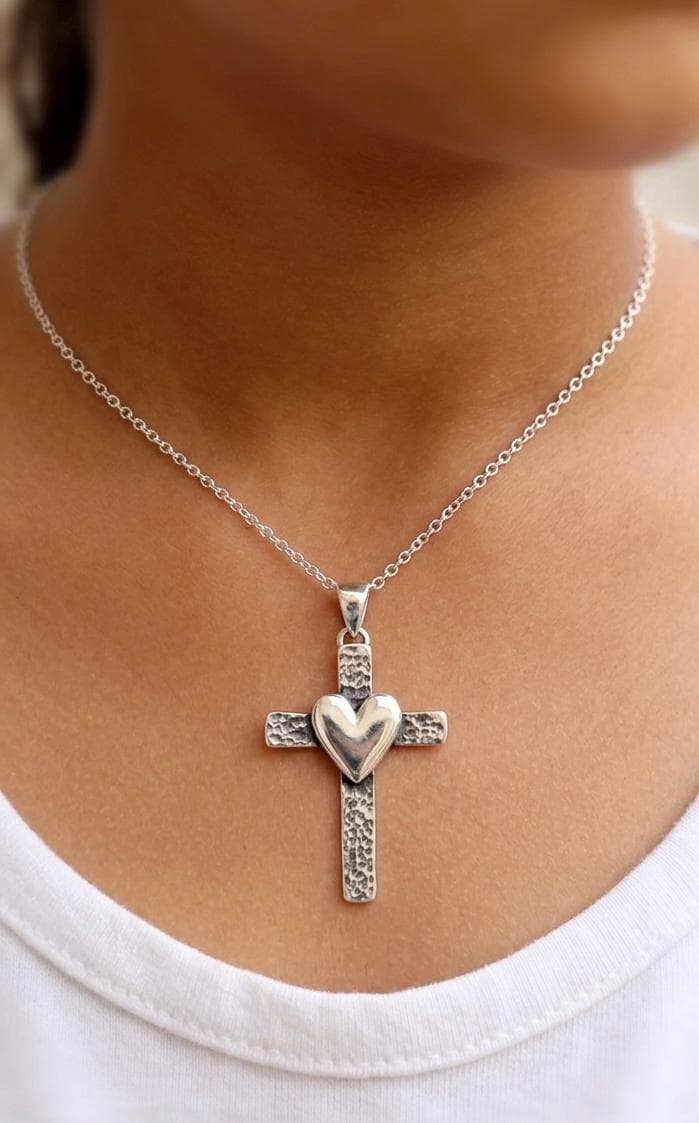 Sterling Silver Cross Heart Pendant, Minimalist Hammered Religious Necklace Charm