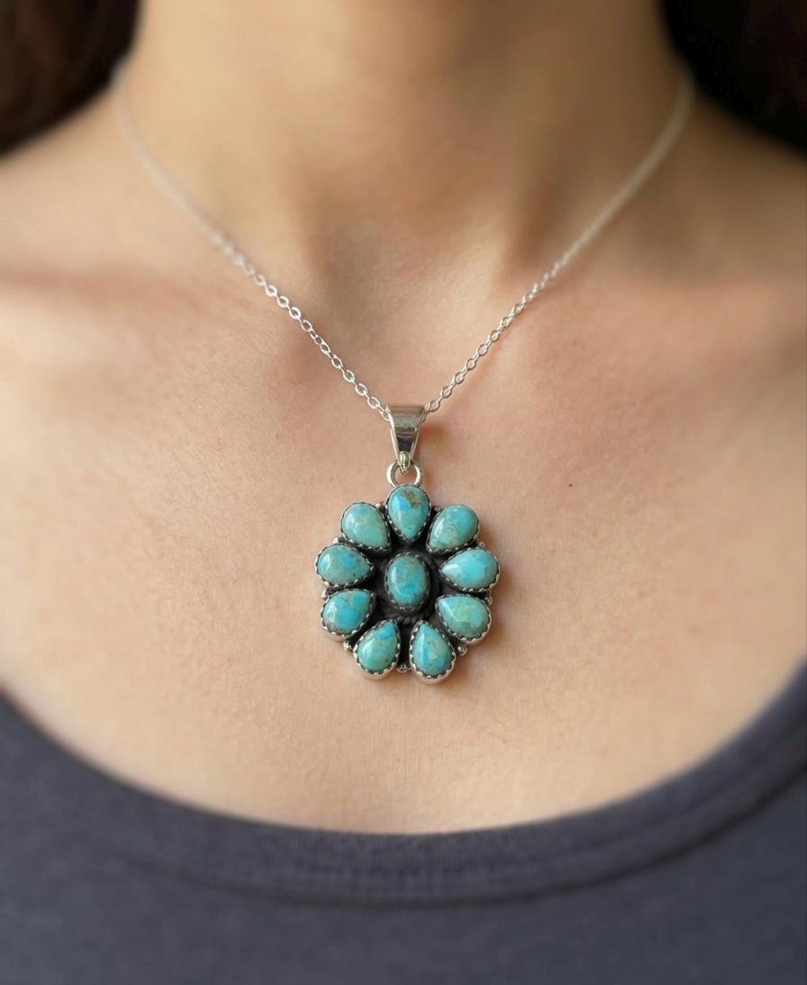 Mohave Turquoise Flower Pendant, Sterling Silver Boho Charm, Oxidized Floral Statement Jewelry