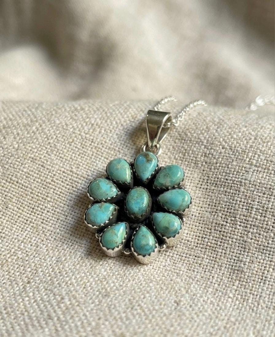 Mohave Turquoise Flower Pendant, Sterling Silver Boho Charm, Oxidized Floral Statement Jewelry