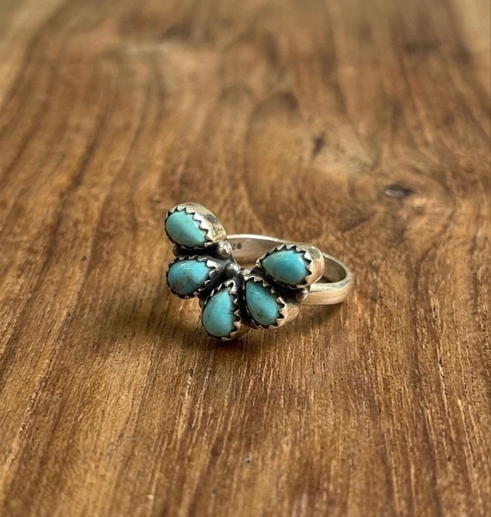 Mohave Turquoise Cluster Ring, 925 Sterling Silver, Boho Southwestern Statement Jewelry