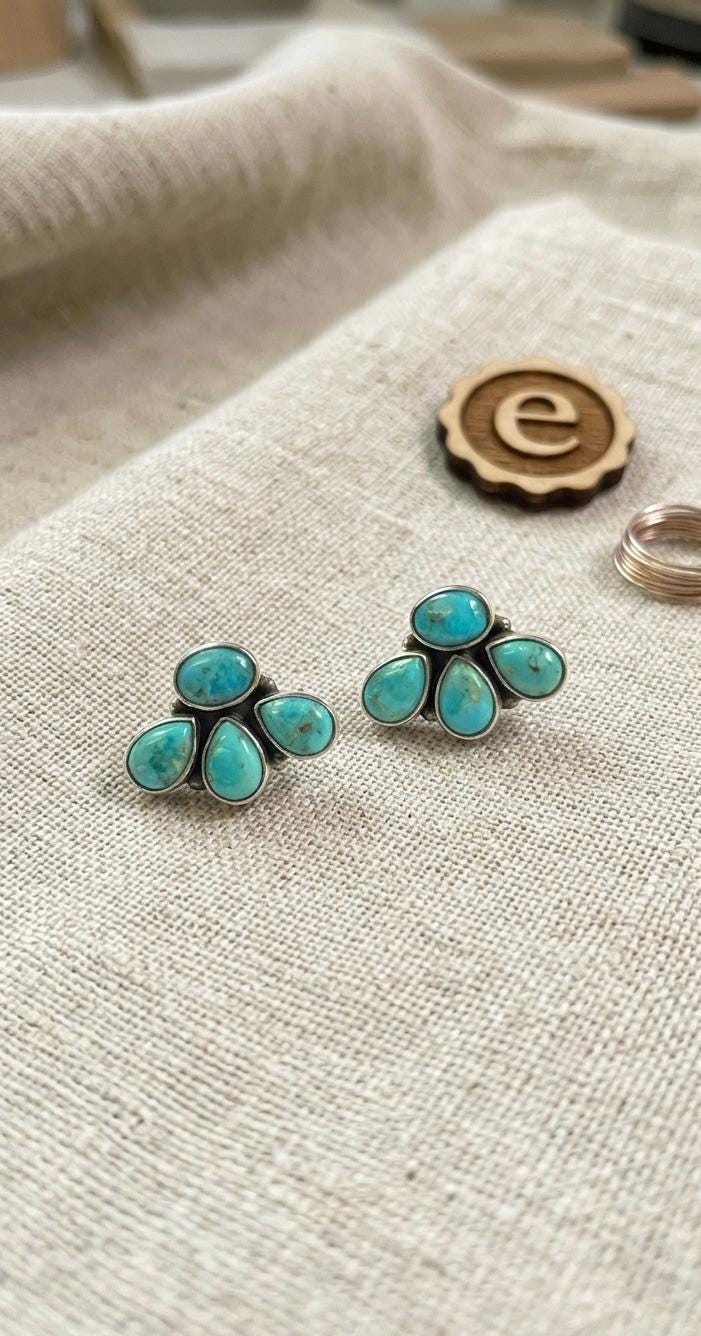 Mohave Turquoise Cluster Stud Earrings, Handmade Sterling Silver, Boho Southwestern Jewelry