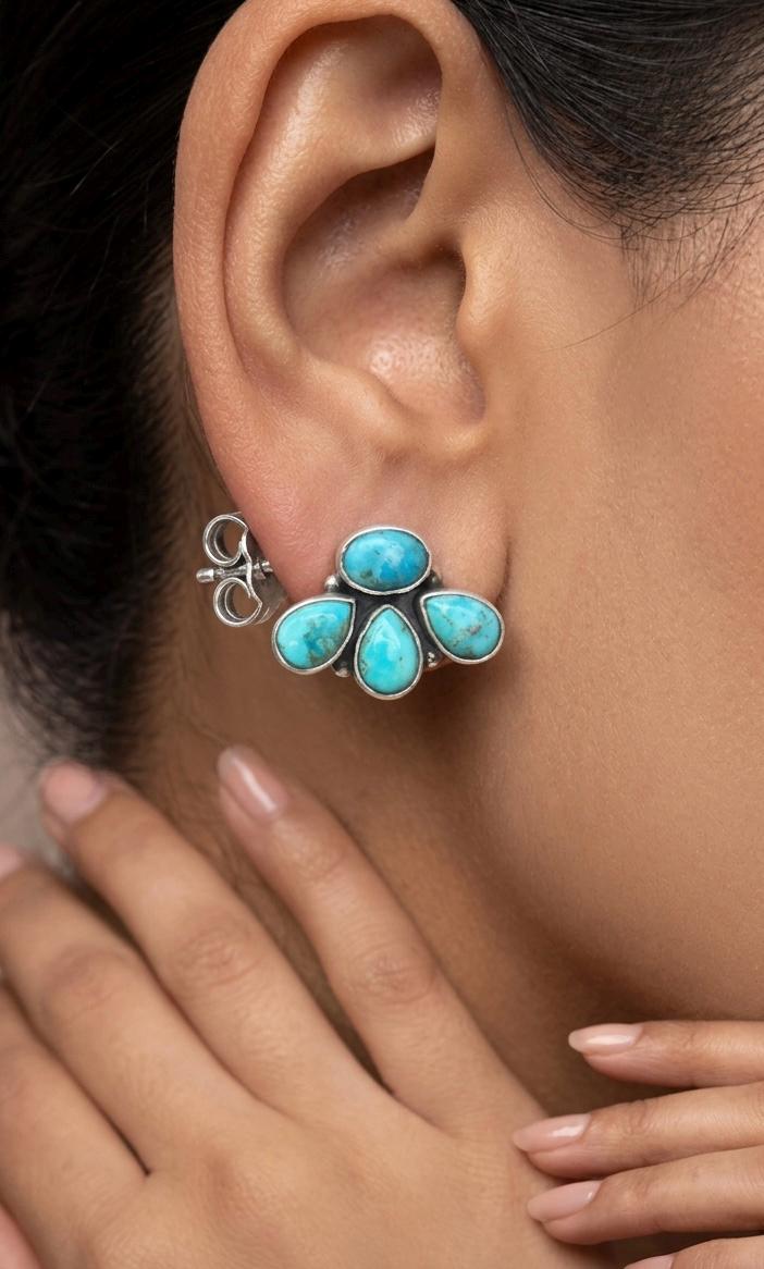 Mohave Turquoise Cluster Stud Earrings, Handmade Sterling Silver, Boho Southwestern Jewelry