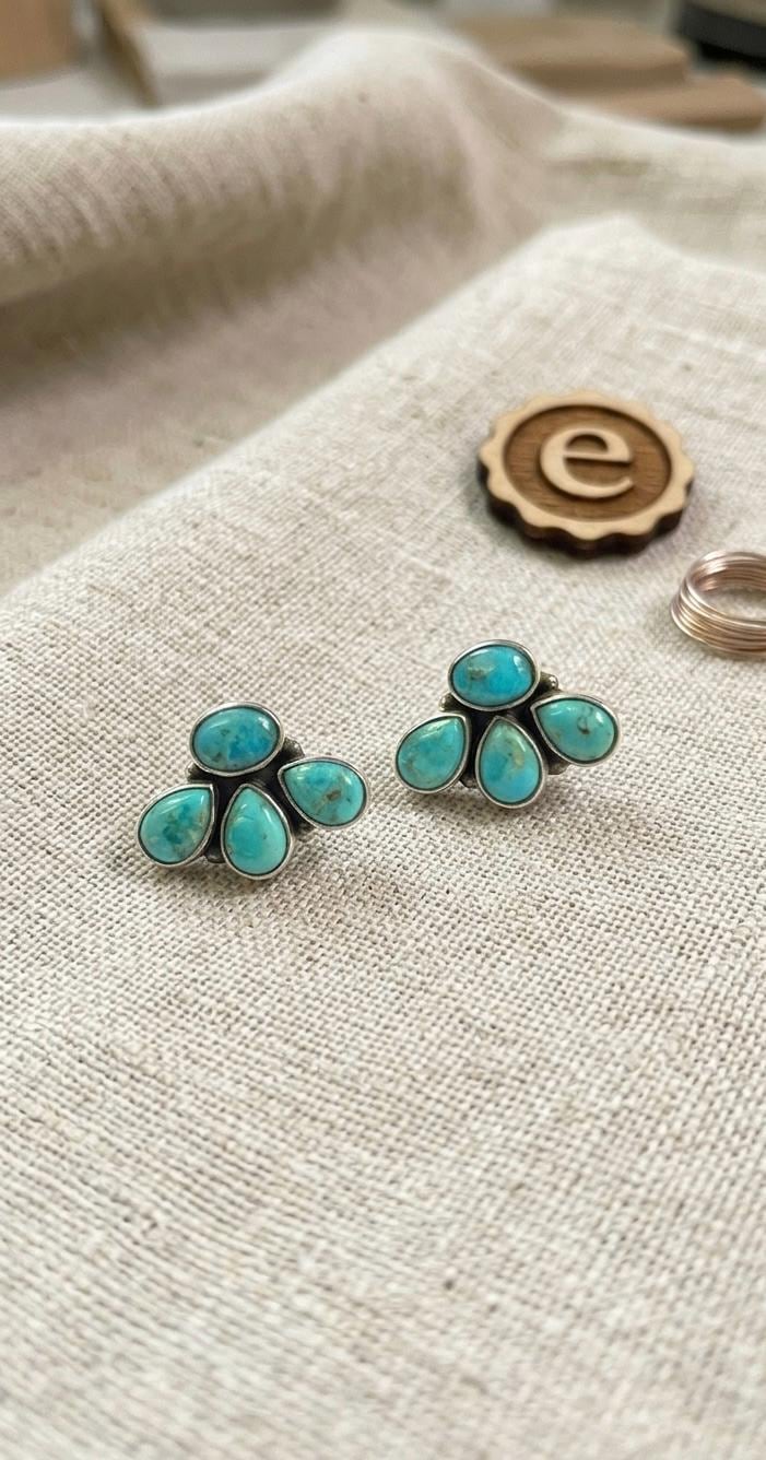 Mohave Turquoise Cluster Stud Earrings, Handmade Sterling Silver, Boho Southwestern Jewelry