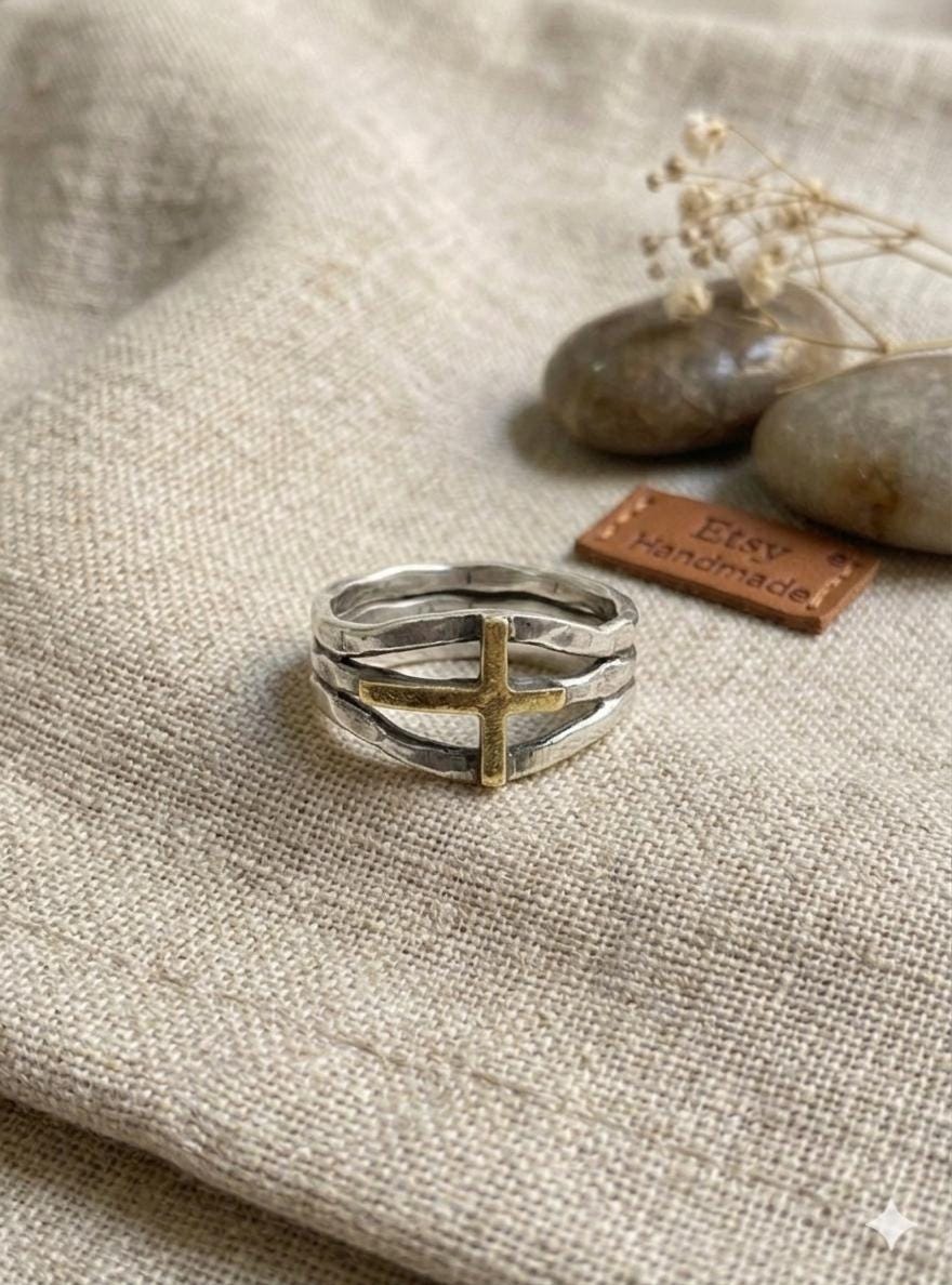 Two-Tone Gold Cross Sterling Silver Ring, Minimalist Faith Jewelry