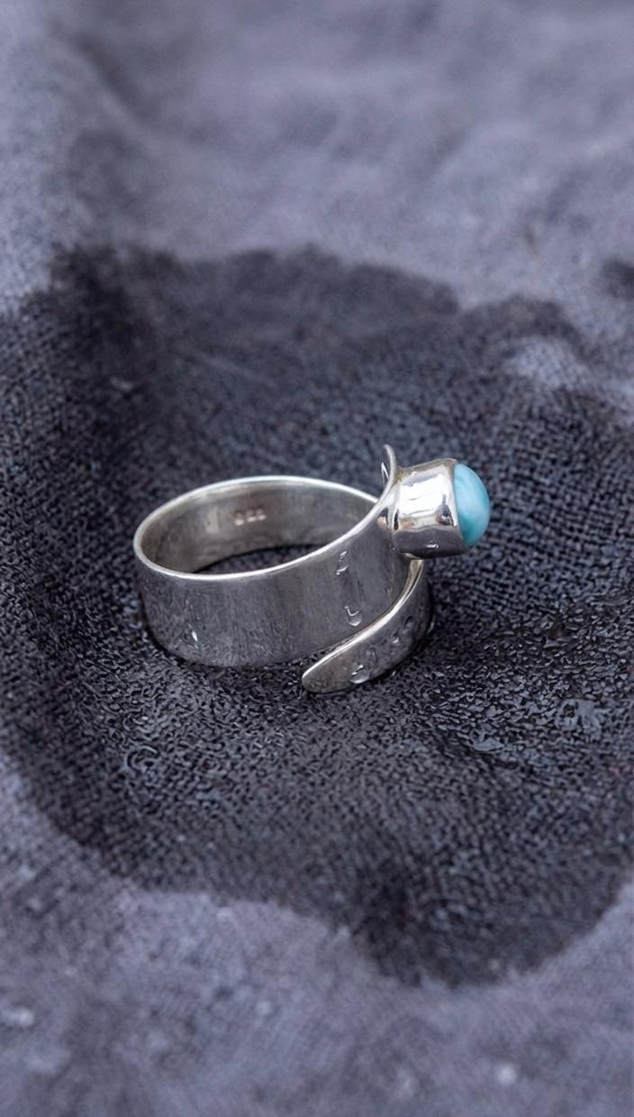 Handmade Larimar Dolphin Ring, Sterling Silver Wrap, Adjustable Gemstone Statement Jewelry