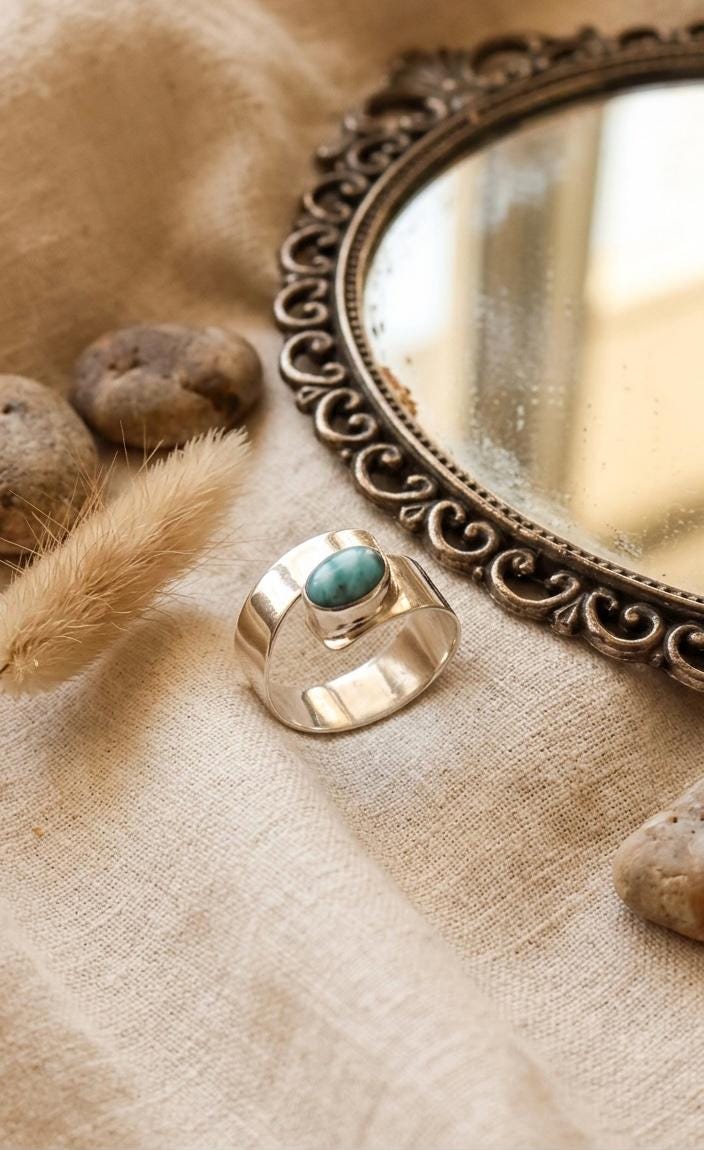 Handmade Larimar Dolphin Ring, Sterling Silver Wrap, Adjustable Gemstone Statement Jewelry