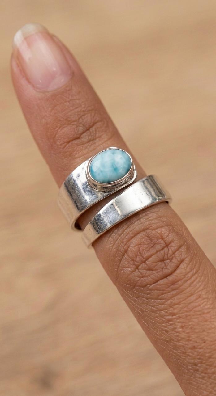 Handmade Larimar Dolphin Ring, Sterling Silver Wrap, Adjustable Gemstone Statement Jewelry