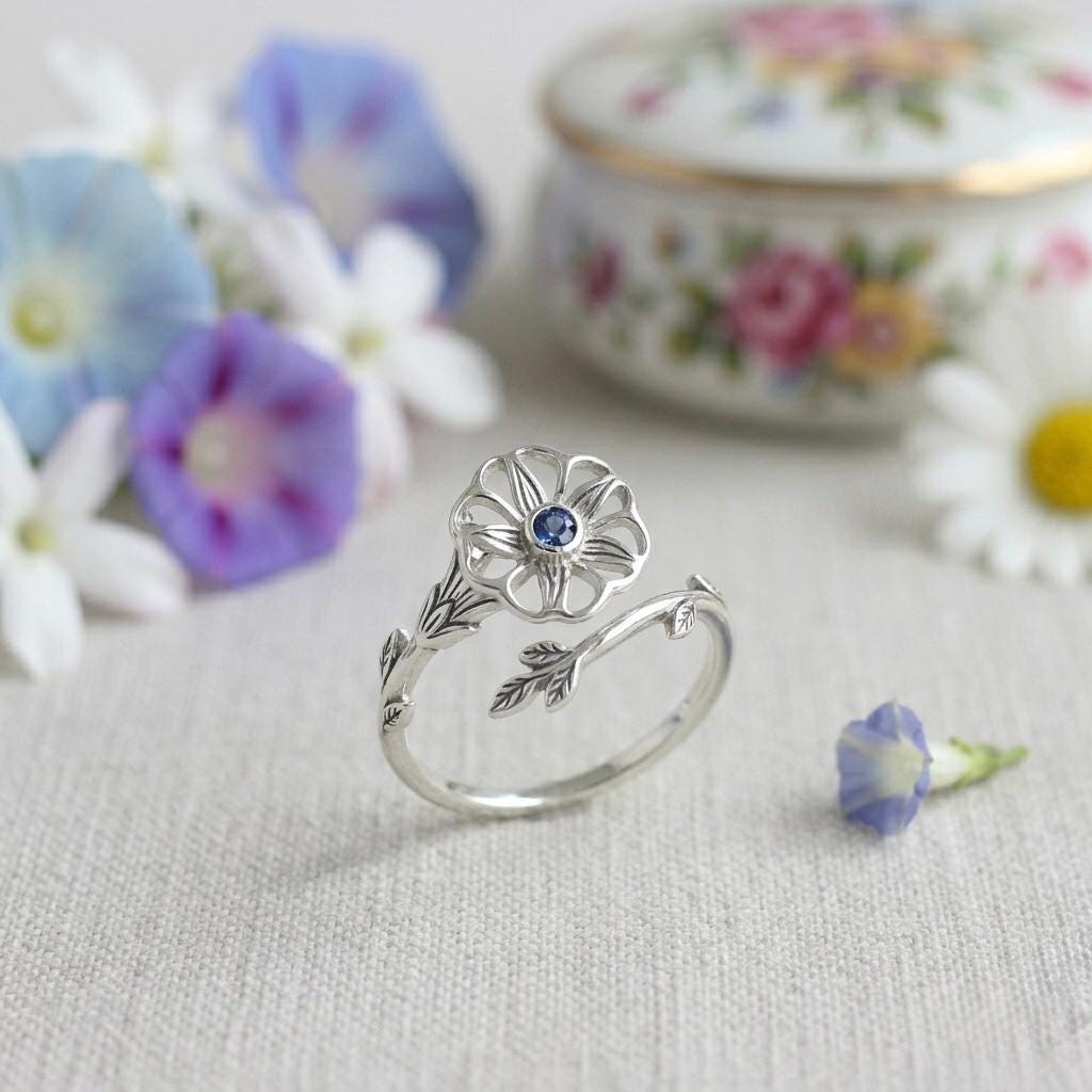 Custom Birthstone Flower Ring, 925 Sterling Silver Branch, Adjustable Minimalist Jewelry